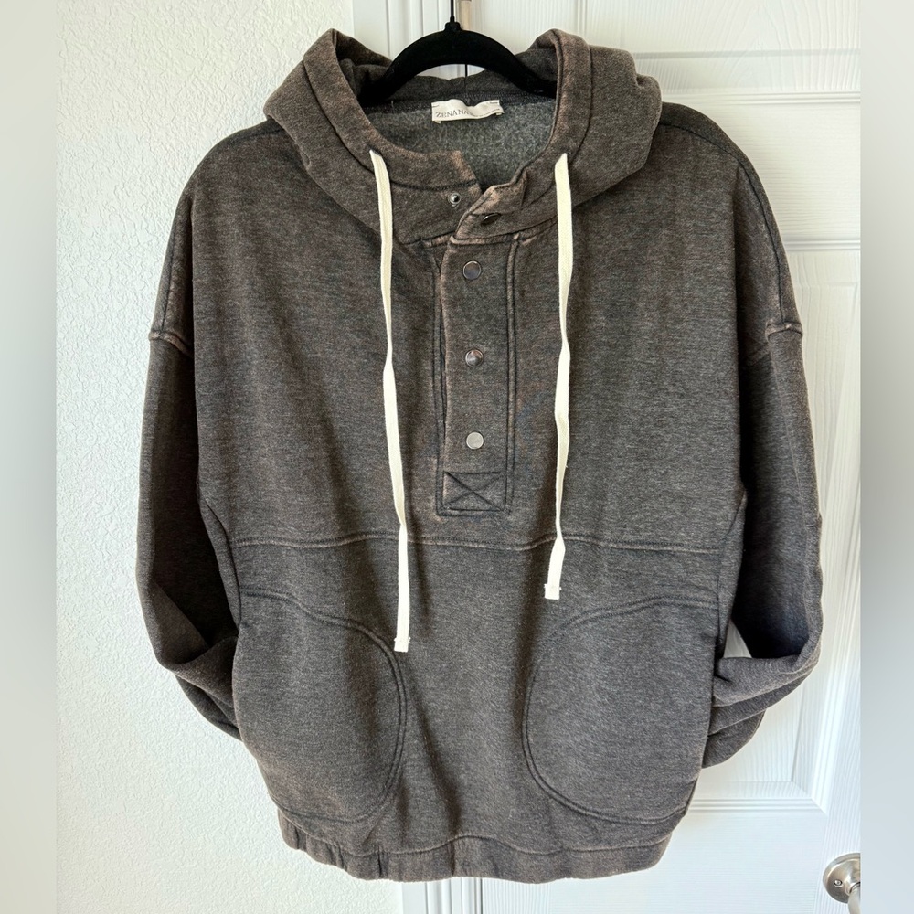 ZENANA Mineral Washed Charcoal Hooded Snap Front Pullover Sweatshirt "NEW"